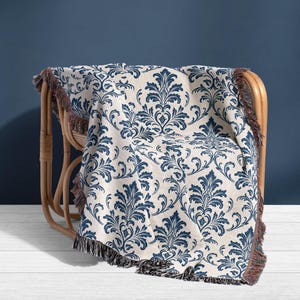 Woven Jacquard Blanket – Navy & Cream Damask Throw, Vintage Baroque Sofa Blanket, Elegant Bedspread or Wall Tapestry