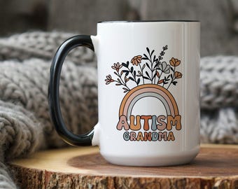 Taza para personas con autismo, Abuela con autismo, Regalo para personas con autismo, Taza para mamás con autismo, Taza Boho con flores y arcoíris, Concientización sobre el autismo, Defensa de las personas con autismo, Regalo para abuelas con autismo