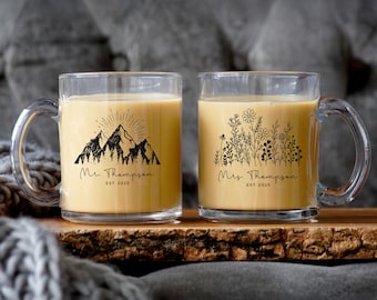 Wedding Gift for the couple, Mr & Mrs Mugs with Custom Last name and year, Mountains Wildflowers Matching Engagement Present, Wedding Gift