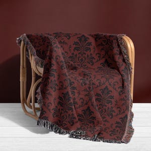 Woven Jacquard Blanket – Black Red Damask Throw, Vintage Baroque Sofa Blanket, Elegant Bedspread or Wall Tapestry