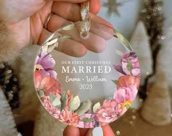 Clear Glass First Christmas Married Ornament, Personalized Mr + Mrs Est Couples Wedding Keepsake