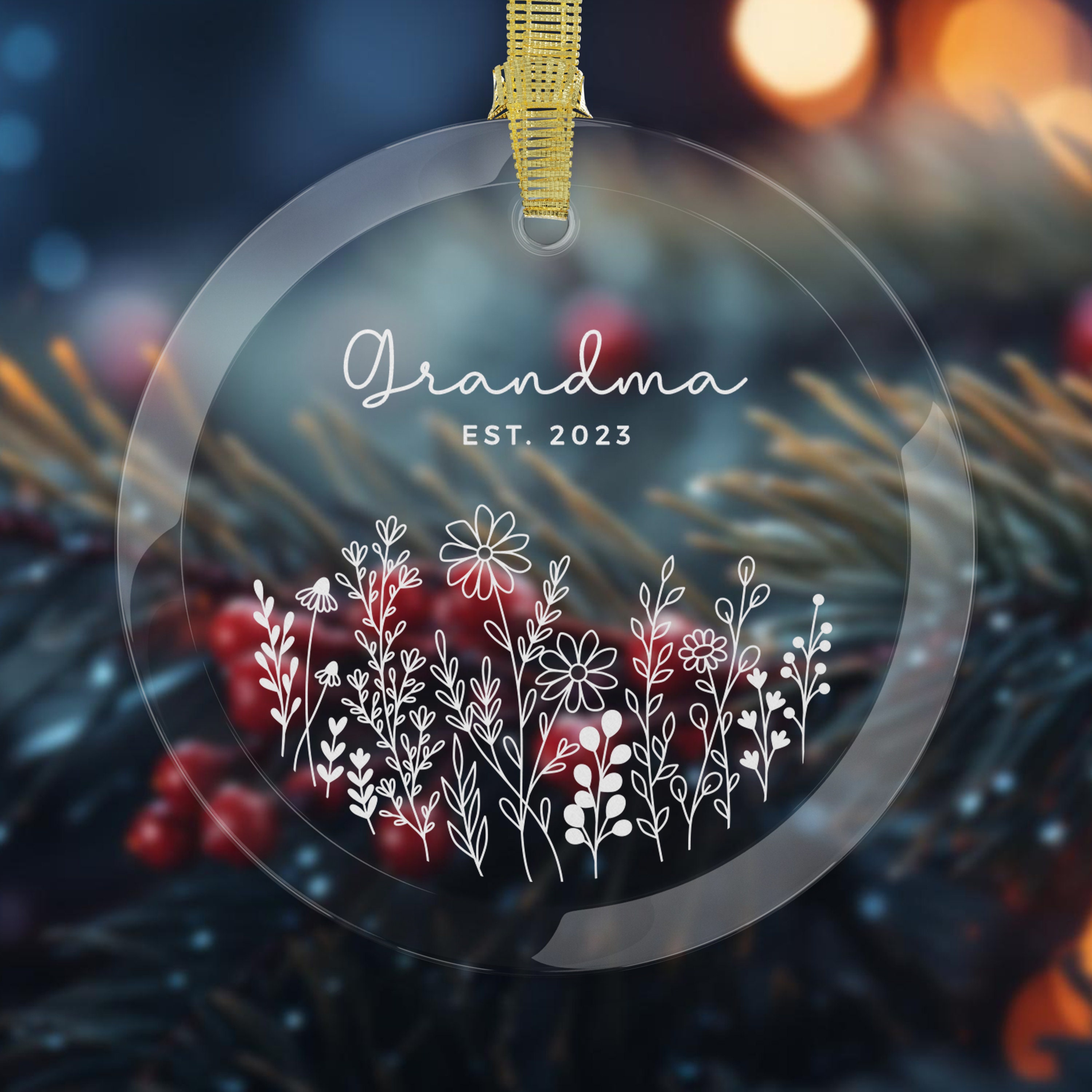Glass Grandma Ornament, New Grandma Gift, Custom Flower Ornament,Baby Announcement, Grandma Est. Date Custom Ornament, New Baby Reveal gift
