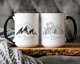 Mr and Mrs Mugs, Couple Mugs, Mountains Trees & Wildflower Matching Mugs, Engagement Present, Wedding Gift, Personalized Mugs Coordinating