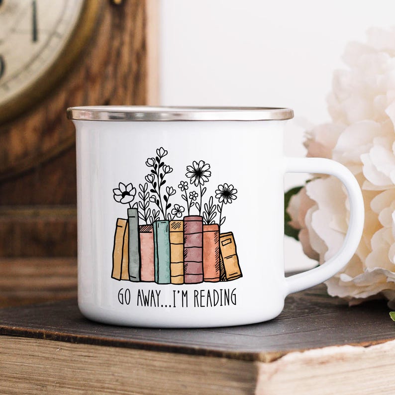 Book Mug "Go Away I'm Reading" Gift for Book Lover, Flower Book Mug, Reading Mug, Bibliophile Christmas Gift, Librarian/Teacher Gift for her image 3