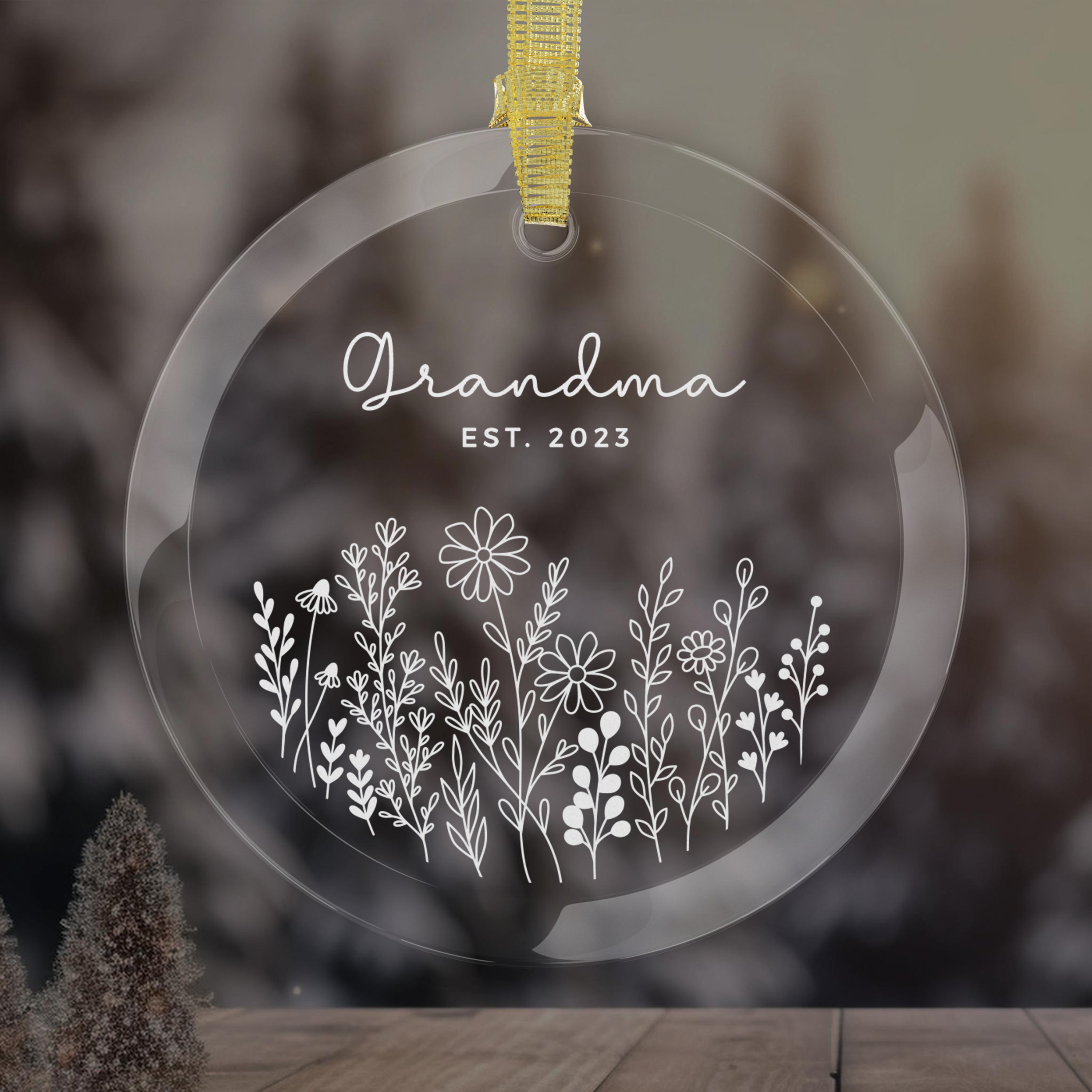 Glass Grandma Ornament, New Grandma Gift, Custom Flower Ornament,Baby Announcement, Grandma Est. Date Custom Ornament, New Baby Reveal gift