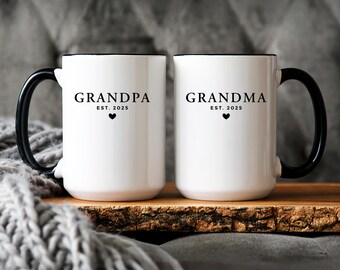 Grandma & Grandpa Matching Mugs, Pregnancy Announcement gift for New Grandparents, Promoted to Nana or Papa, heart mug, custom Est year name