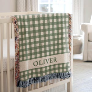 Gingham Check Woven Nursery Blanket, Soft Sage Green, Custom Name Jacquard Baby Boy Girl Tapestry