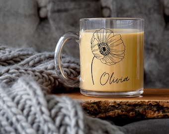 Personalized Mug for Women, Personalized Coffee Mug, Custom Flower Name Mug, Name Coffee Cup, Glass Mug, Gift for Mom,Gift for Woman,for her
