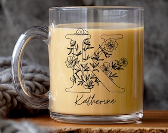 Custom Flower Name Mug, Personalized Mug for Women, Bridesmaid Proposal Favors, Monogram Mug with name and Initial, Glass Mug, Gift for Mom
