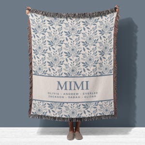MIMI Woven Jacquard Blanket Grandchildren's Names, Custom Blue Throw Bedspread Wall Tapestry, Nana Grandma