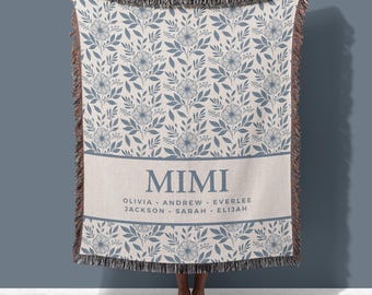 MIMI Woven Jacquard Blanket Grandchildren's Names, Custom Blue Throw Bedspread Wall Tapestry, Nana Grandma