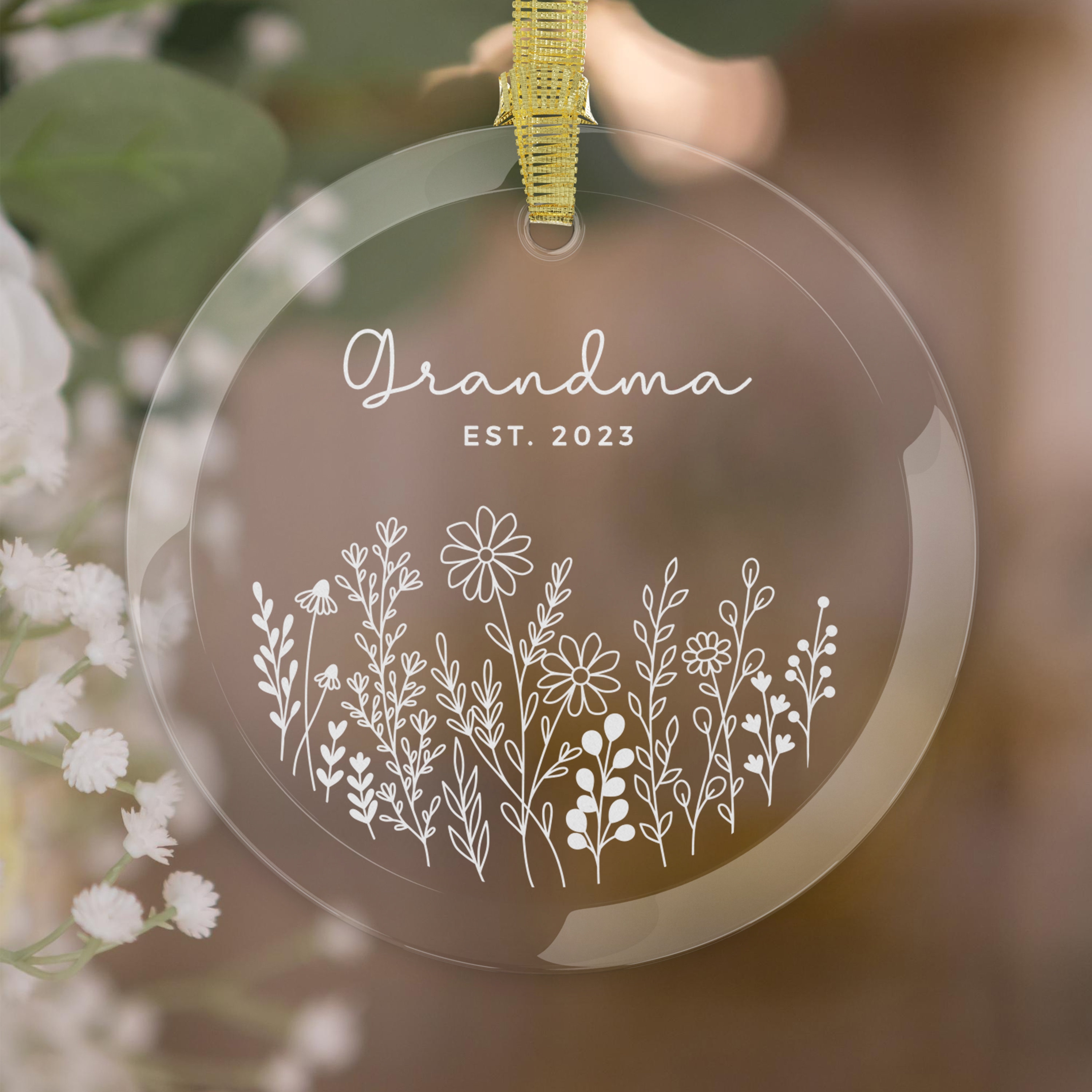 Glass Grandma Ornament, New Grandma Gift, Custom Flower Ornament,Baby Announcement, Grandma Est. Date Custom Ornament, New Baby Reveal gift