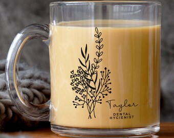 Dental Hygienist Gift, Dental Hygiene Mug for Graduation Gift, Custom Name flower mug, BSDH, MSDH, and DDH Thank you Gift, Dental Office Mug