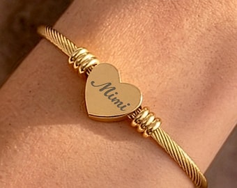Grandma Cuff Bracelet, Custom Mimi Nana Gigi Name, Personalized Stainless Steel Gold\Silver Tone