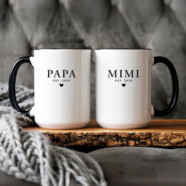 Mimi & Papa Matching Mugs, Pregnancy Announcement, Promoted to Grandma Grandpa Nana Papaw, custom year name, *Sold Individually*