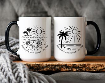 Couple Mugs: Matching Mr & Mrs Beach Ocean Gifts, Custom names and Date *Sold Individually*
