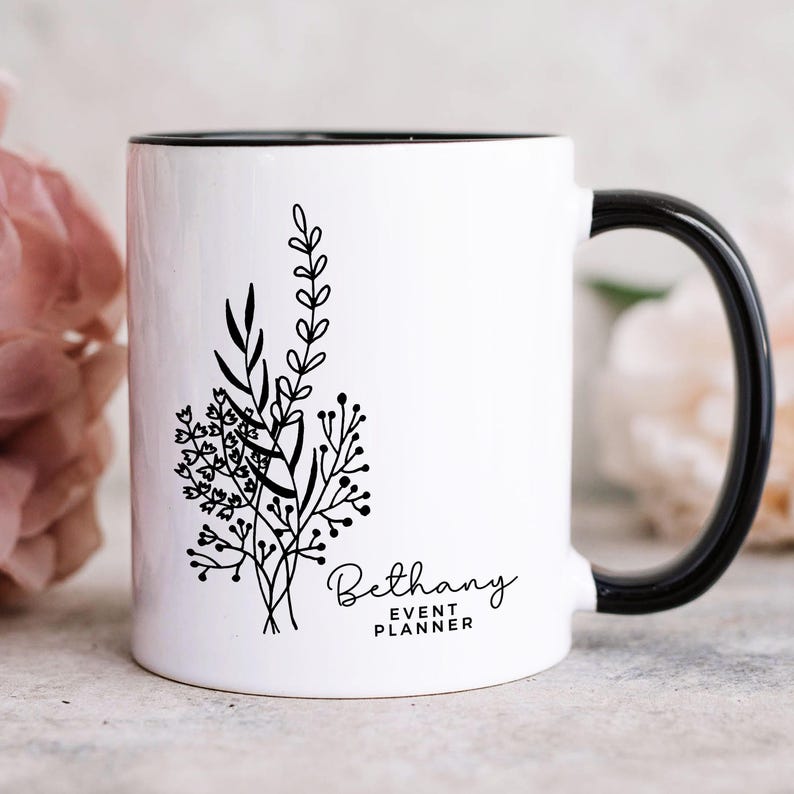 Event Planner Gift, Wedding Planner Mug, Personalized floral name mug, Thank you appreciation Gift, Manager Designer Planner Coordianator zdjęcie 3