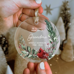 Clear Glass Memorial Ornament, In Memory Of Christmas Ornament, Personalized for Grandma Grandpa Mom Dad, Custom Sympathy Memorial Ornament