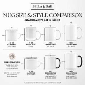 The image is a comparison of different sizes and styles of ceramic mugs, with measurements provided in inches.
