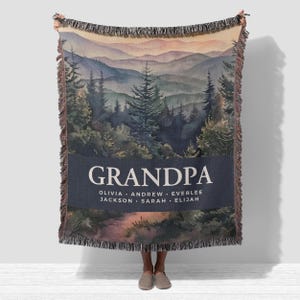 Grandpa Woven Jacquard Blanket Grandchildren's Names, Mountain Forest Nature Throw Bedspread Wall Tapestry, Papa Pops