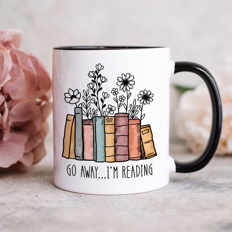 Book Mug "Go Away I'm Reading" Gift for Book Lover, Flower Book Mug, Reading Mug, Bibliophile Christmas Gift, Librarian/Teacher Gift for her image 5