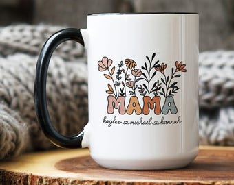 Custom Mama Mug with Kids Names, Groovy Wildflower Mother's Day Gift