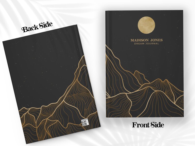 May include: Black dream journal with a gold mountain range design and a gold moon on the front cover. The text "MADISON JONES DREAM JOURNAL" is printed on the front cover.