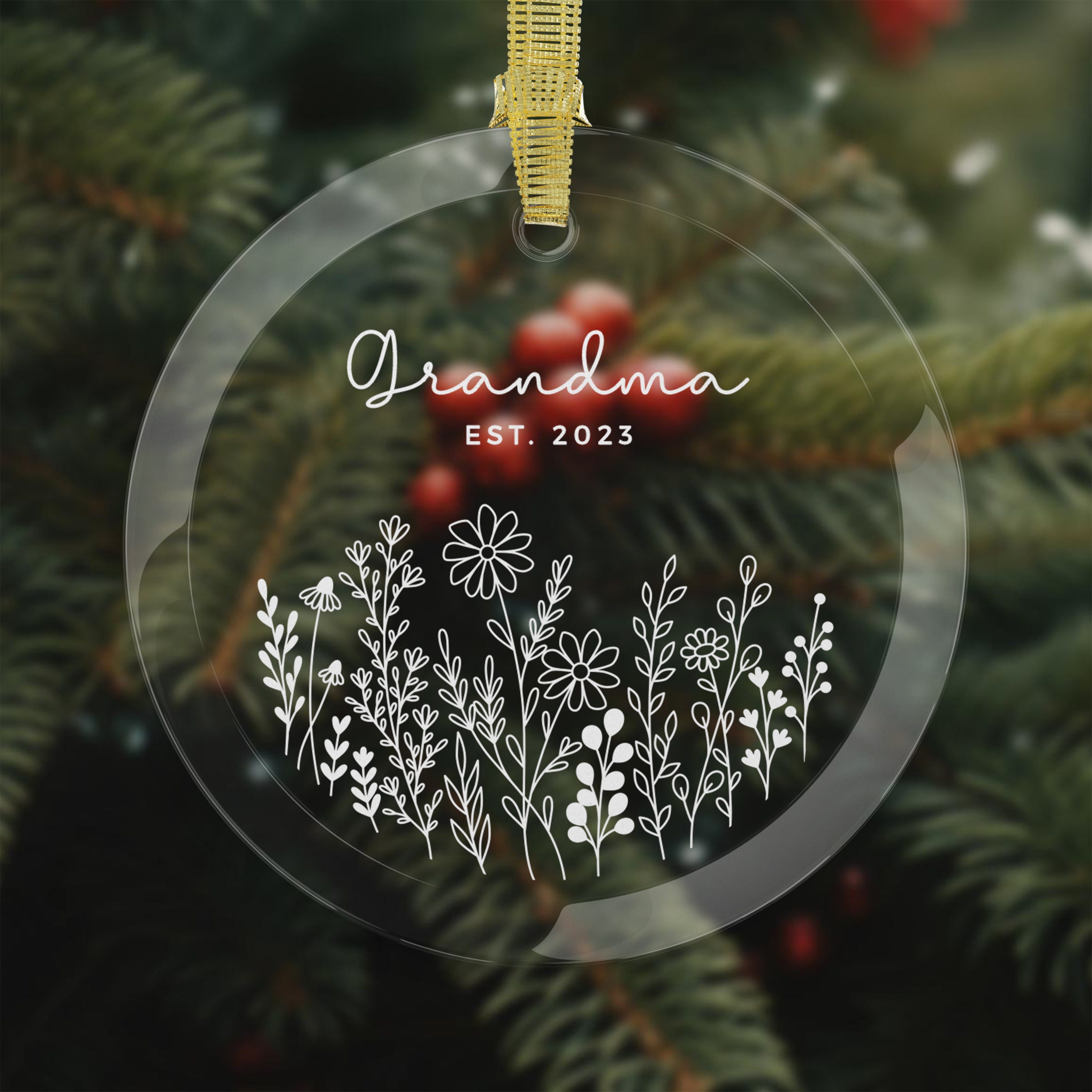 Glass Grandma Ornament, New Grandma Gift, Custom Flower Ornament,Baby Announcement, Grandma Est. Date Custom Ornament, New Baby Reveal gift