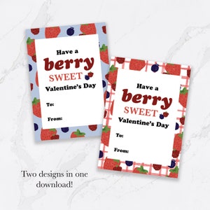 Tarjetas de San Valentín imprimibles para descarga digital / San Valentín para niños / Dos diseños "Berry Sweet" incluidos / ¡Plantilla de sobre GRATIS!