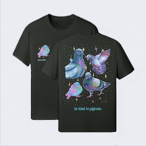 Born Iridescent Pigeon T-shirt, Bird Lover Gift, Artist Designed Pigeon Tee, Whimsical Urban Bird Art, Oversized Back Print T-shirt image 1