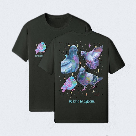 Born Iridescent Pigeon T-shirt, Bird Lover Gift, Artist Designed Pigeon Tee, Whimsical Urban Bird Art, Oversized Back Print T-shirt