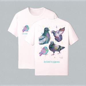 Born Iridescent Pigeon T-shirt, Bird Lover Gift, Artist Designed Pigeon Tee, Whimsical Urban Bird Art, Oversized Back Print T-shirt image 2