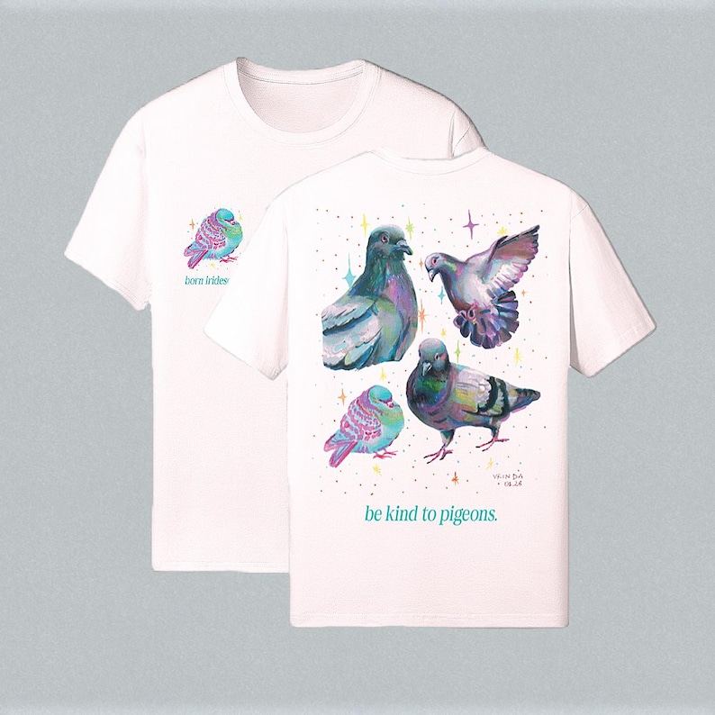 Born Iridescent Pigeon T-shirt, Bird Lover Gift, Artist Designed Pigeon Tee, Whimsical Urban Bird Art, Oversized Back Print T-shirt image 2