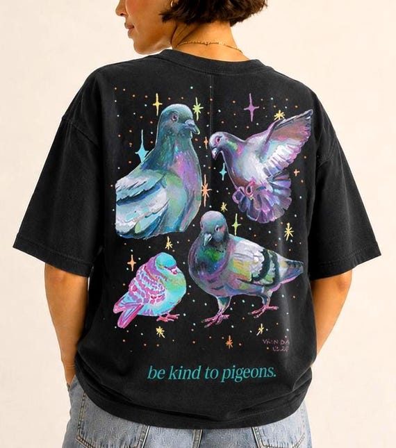 Pigeon Art T-shirt, Large Back Print Tshirt, born iridescent pigeon tee, Be kind to pigeons t-shirt, Pigeon Gift