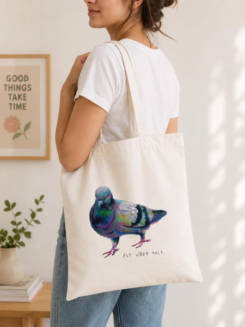 Puede incluir: Un bolso de tela color crema con una colorida ilustraci&oacute;n pict&oacute;rica de una paloma de perfil. Debajo del ave, el texto "FLY VIBED ONLY." est&aacute; impreso en la parte frontal del bolso con una tipograf&iacute;a sencilla, oscura y de estilo manuscrito.