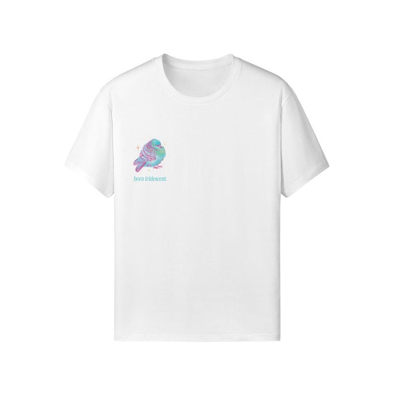Born Iridescent Pigeon T-shirt, Bird Lover Gift, Artist Designed Pigeon Tee, Whimsical Urban Bird Art, Oversized Back Print T-shirt image 5