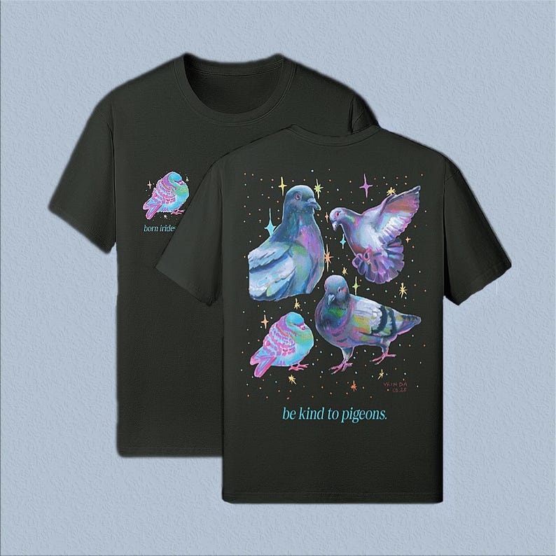 Born Iridescent Pigeon T-shirt, Bird Lover Gift, Artist Designed Pigeon Tee, Whimsical Urban Bird Art, Oversized Back Print T-shirt image 8