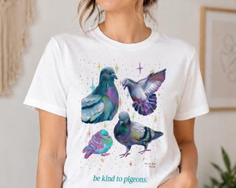 Be Kind To Pigeons T-Shirt, Hand-drawn Whimsical Pigeon Design, Unique Bird Lover Gift