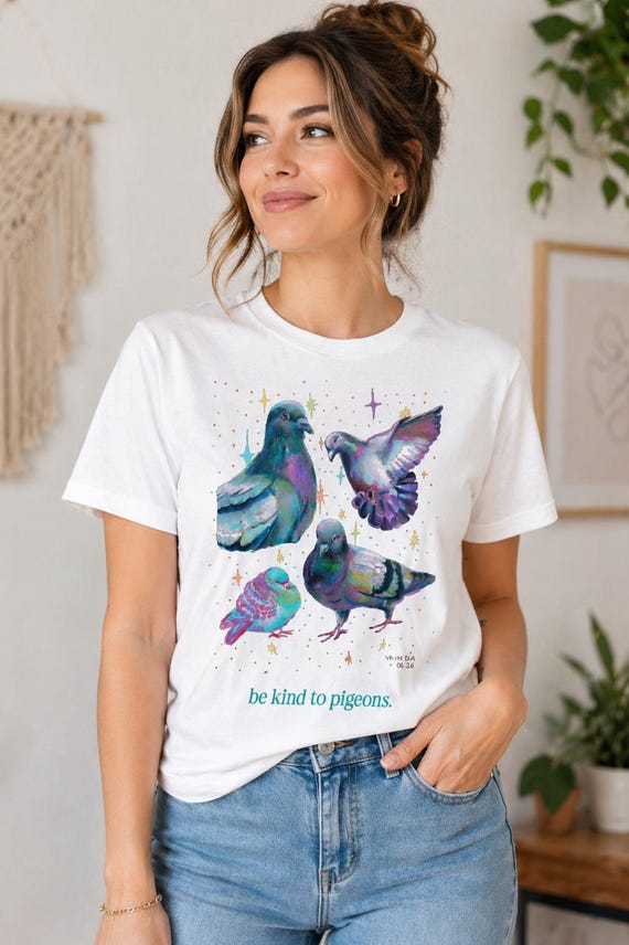 Be Kind To Pigeons T-Shirt, Hand-drawn Whimsical Pigeon Design, Unique Bird Lover Gift