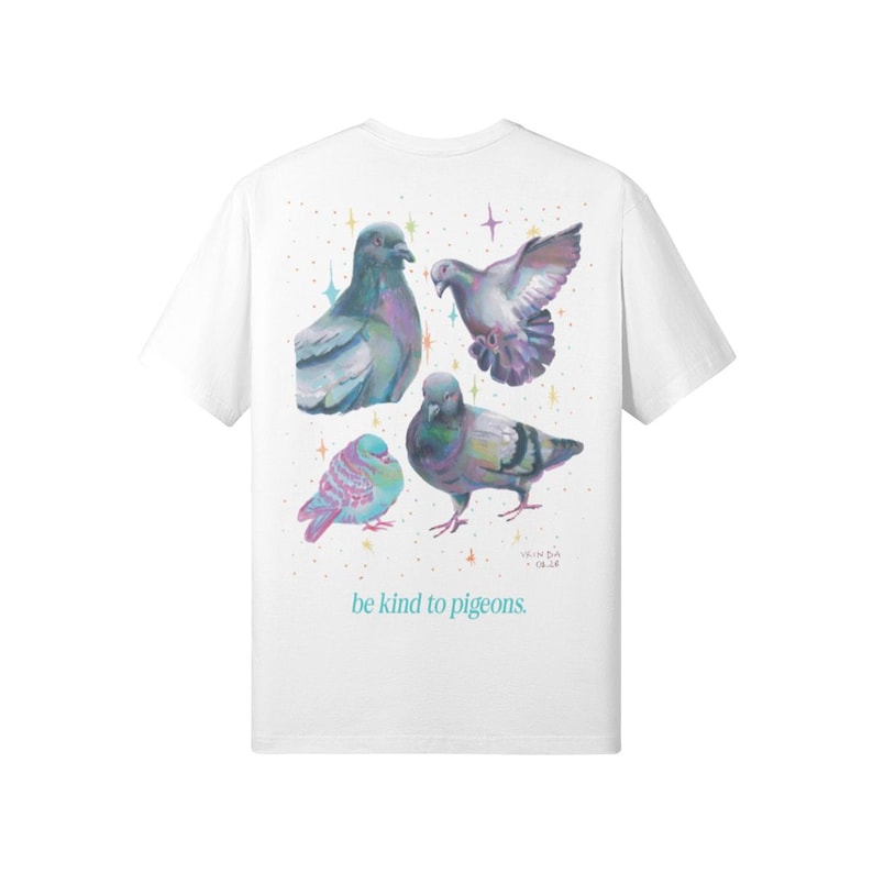 Born Iridescent Pigeon T-shirt, Bird Lover Gift, Artist Designed Pigeon Tee, Whimsical Urban Bird Art, Oversized Back Print T-shirt image 6