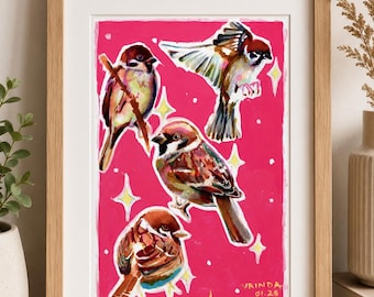Sparrow Art Print | Colorful Bird Wall Art | Pink Cottagecore Nature Print | Whimsical Garden Bird Illustration | A5 & A4 Fine Art Print