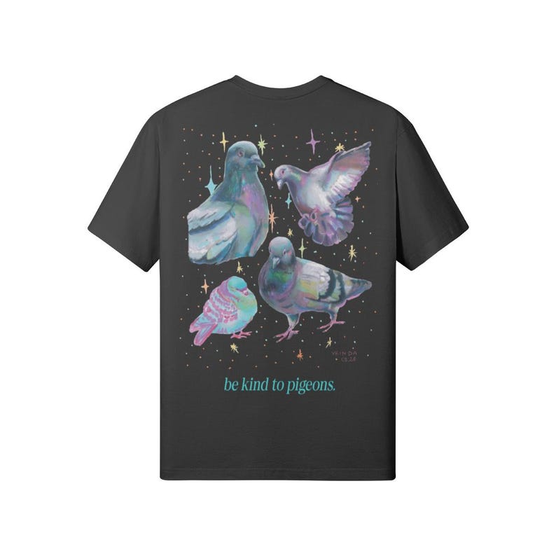 Born Iridescent Pigeon T-shirt, Bird Lover Gift, Artist Designed Pigeon Tee, Whimsical Urban Bird Art, Oversized Back Print T-shirt image 4