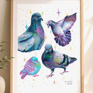 Puede incluir: Una lámina artística enmarcada que muestra cuatro palomas en diversas posturas, representadas en tonos vibrantes de azul, morado y verde. La ilustración incluye pequeños acentos coloridos en forma de estrella sobre el fondo blanco y el texto VRINDA 01.26.