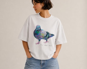 Koszulka z grafiką "Whimsical Pigeon", gruba bawełniana koszulka z nadrukiem ptaków