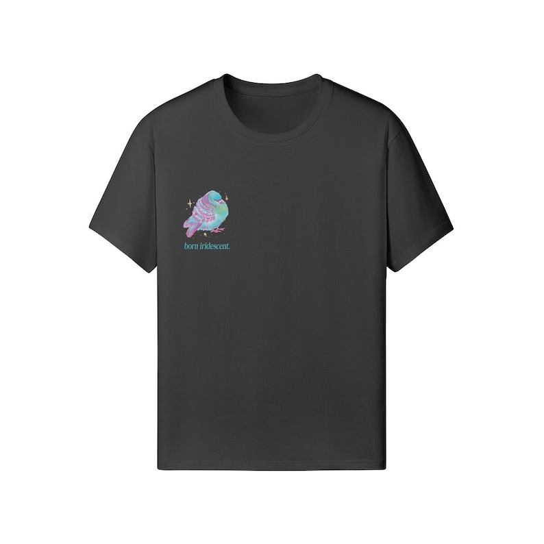 Born Iridescent Pigeon T-shirt, Bird Lover Gift, Artist Designed Pigeon Tee, Whimsical Urban Bird Art, Oversized Back Print T-shirt image 3