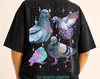 Koszulka z nadrukiem "Born Iridescent Pigeon Art", duży nadruk na plecach, koszulka z nadrukiem "Born Iridescent Pigeon", koszulka "Bądź miły dla gołębi", prezent dla ptaków