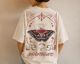 Koszulka Moonbound Moth, koszulka z zabawnym motywem Witchcore, koszulka z dużym nadrukiem na plecach