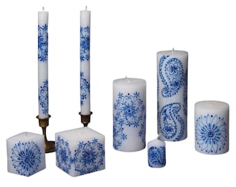 Henna Blue on White Candles