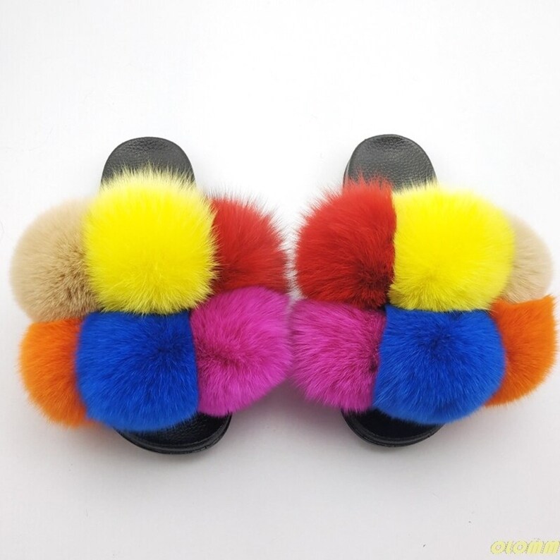 Solid Color Fox Real Fur Fluffy Slides Fur Sandals Beach Flip-Flops summer Shoes fur Slippers Fashion