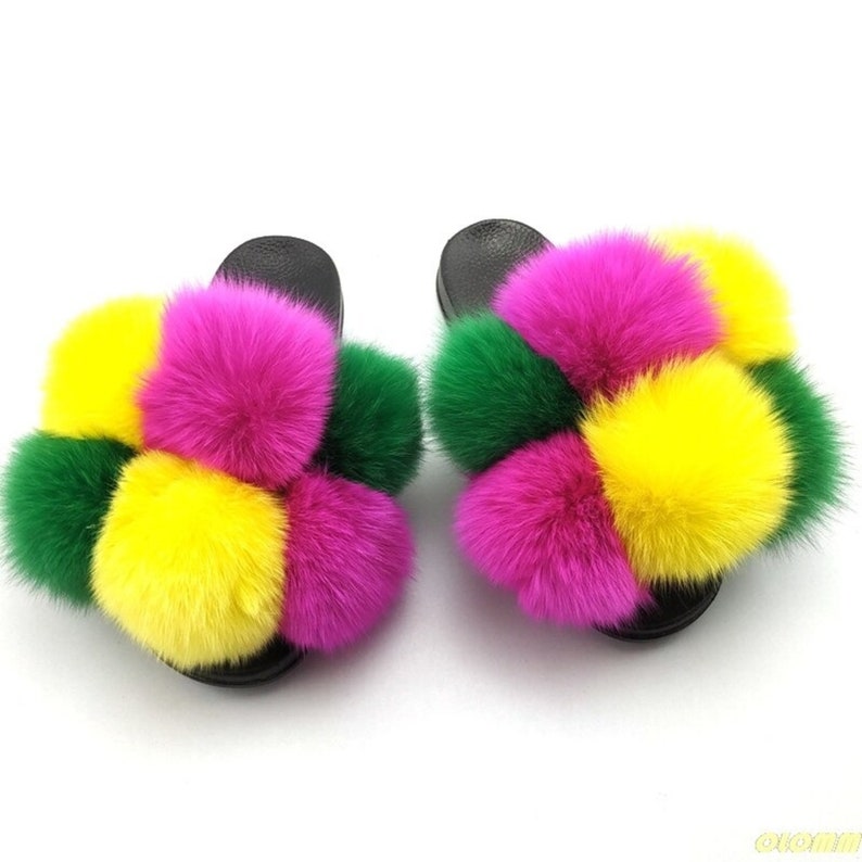 Solid Color Fox Real Fur Fluffy Slides Fur Sandals Beach Flip-Flops summer Shoes fur Slippers Fashion